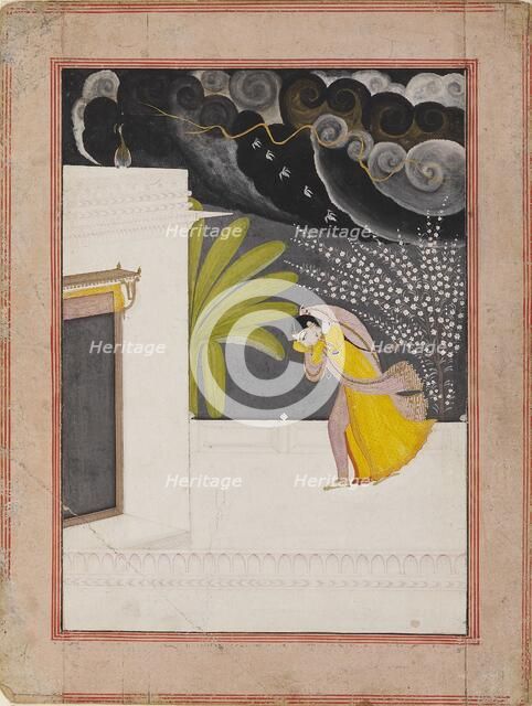 Lady on a terrace seeking shelter from the rains, early 19th century. Artist: Unknown.