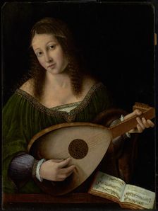 Lady Playing a Lute, about 1530. Creators: Bartolommeo Veneto, Workshop of Bartolomeo Veneto