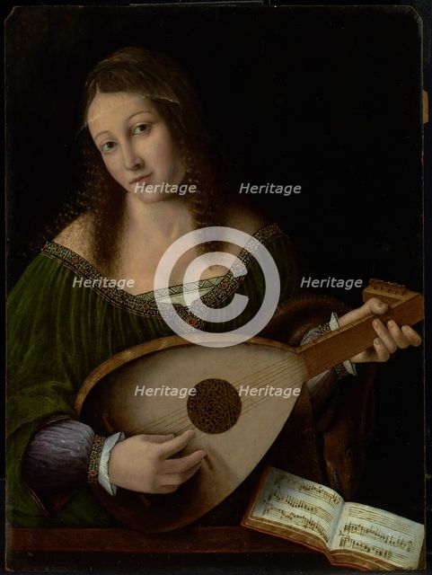 Lady Playing a Lute, about 1530. Creators: Bartolommeo Veneto, Workshop of Bartolomeo Veneto.