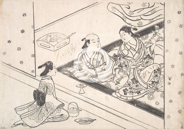 Lady Playing Shamisen, with Her Lover and Attendant Nearby. Creator: Nishikawa Sukenobu.