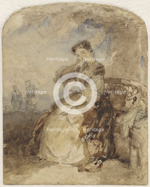 Lady sitting on a bench under a tree, with a book in hand, 1824-1894. Creator: Charles Rochussen.