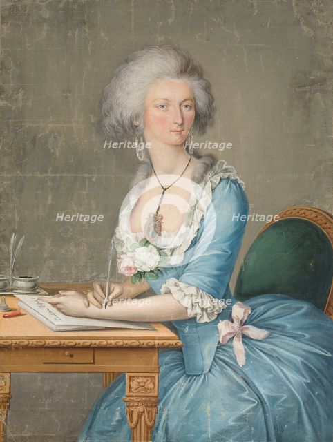 Lady sitting at the table writing, c1790. Creator: Unknown.