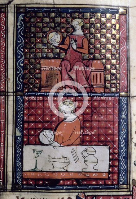 Lady sitting with a dove (1st Quarter) and man cutting bread on a table (3rd quarter). Miniature …