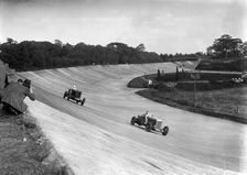 Lagonda leading GA Wooding's Talbot 95 Special, Brooklands, 15 October 1938. Artist: Bill Brunell