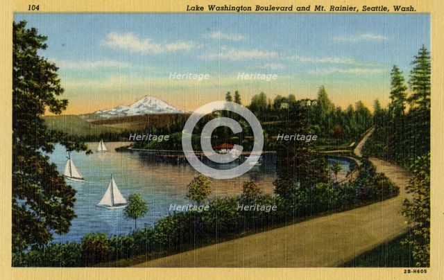 Lake Washington Boulevard and Mt. Rainier, Seattle, Washington, 1942. Artist: Unknown
