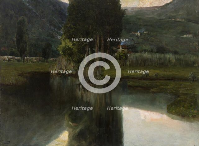 Lake with cypresses and houses, 1923. Creator: Wolf Ferrari, Teodoro (1878-1945).