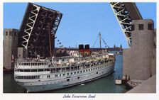 Lake excursion boat passing through the Outer Drive Link Bridge, Chicago, Illinois, USA, 1954