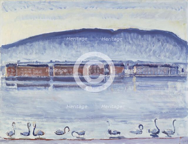 Lake Geneva with Mont Salève and Swans. Artist: Hodler, Ferdinand (1853-1918)