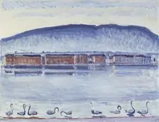 Lake Geneva with Mont Salève and Swans. Artist: Hodler, Ferdinand (1853-1918)