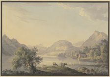 Lake in the mountains, in the foreground by a willow tree two cows, 18th century. Creator: Carl Philipp Schallhas