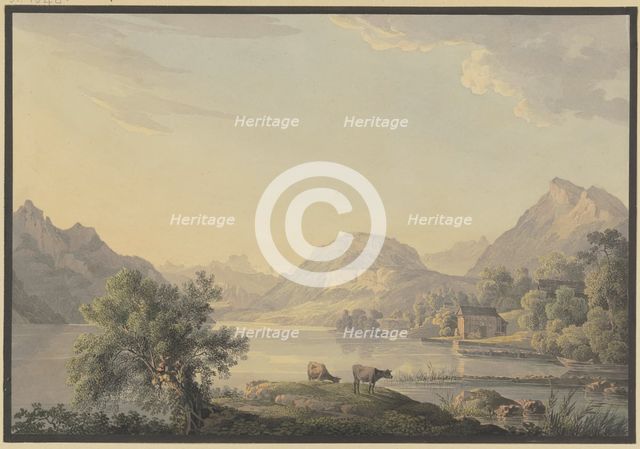 Lake in the mountains, in the foreground by a willow tree two cows, 18th century. Creator: Carl Philipp Schallhas.