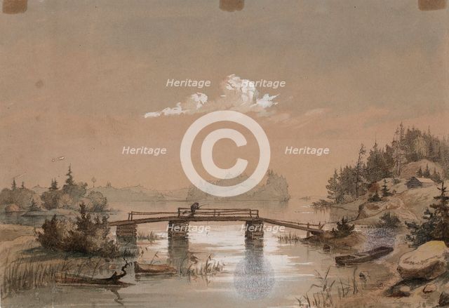 Lake Landscape, Man Angling on a Bridge, 1848-1860. Creator: Werner Holmberg.