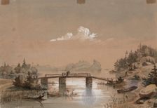 Lake Landscape, Man Angling on a Bridge, 1848-1860. Creator: Werner Holmberg