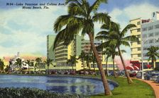 Lake Pancoast and Collins Avenue, Miami Beach, Florida, USA, 1953