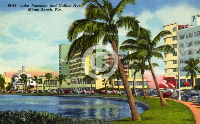 Lake Pancoast and Collins Avenue, Miami Beach, Florida, USA, 1953. Artist: Unknown