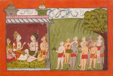 Lakshmana Meets with Tara, Sugriva, and Hanuman in the Palace of Kishkandha..., c1700. Creator: Unknown