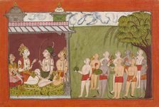 Lakshmana Meets with Tara, Sugriva, and Hanuman in the Palace of Kishkandha..., c1700. Creator: Unknown