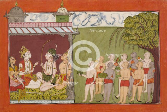 Lakshmana Meets with Tara, Sugriva, and Hanuman in the Palace of Kishkandha..., c1700. Creator: Unknown.