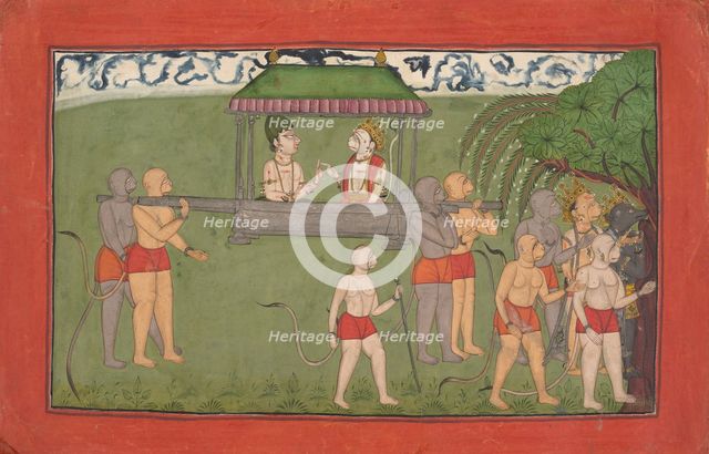 Lakshmana and Sugriva Being Carried by Palanquin to Receive Rama's Blessings..., ca. 1710-25. Creator: Unknown.
