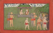 Lakshmana and Sugriva Being Carried by Palanquin to Receive Rama's Blessings..., ca. 1710-25. Creator: Unknown