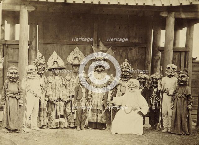Lamas in masks and costumes participating in a religious dance (tsam)..., 1880-1889. Creator: Peter Adamovich Milevskiy.