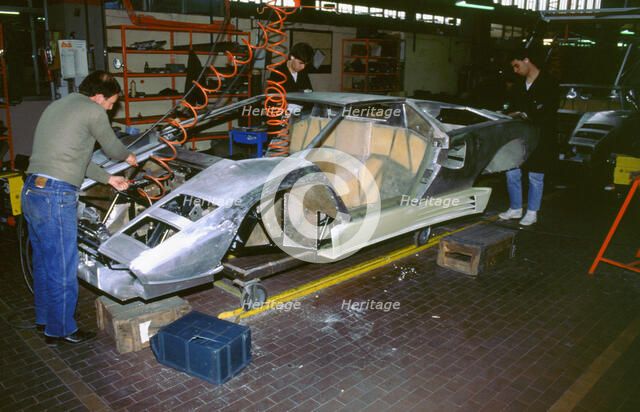 Lamborghini factory 1988.Countach under construction. Artist: Unknown.