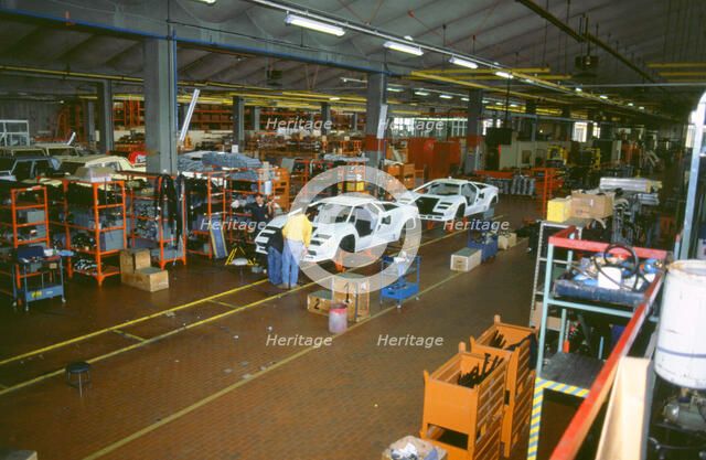 Lamborghini factory 1988.Countach under construction. Artist: Unknown.