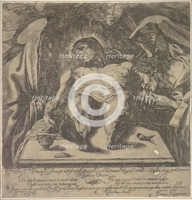 Lamentation over the body of Christ by the three Marys, a jar of ointment on the table to ..., 1615. Creator: Orazio Borgianni.