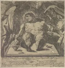 Lamentation over the body of Christ by the three Marys, a jar of ointment on the table to ..., 1615. Creator: Orazio Borgianni