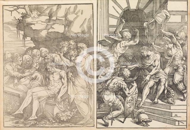 Lamentation Over the Dead Christ, Christ is attacked by soldiers, ca. 1556-57 (?). Creator: Andrea Schiavone.