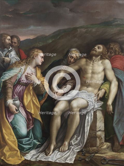 Lamentation over the dead Christ with Saints Bartholomew and Paul, c. 1570. Creator: Gambara, Lattanzio (c. 1530-1574).