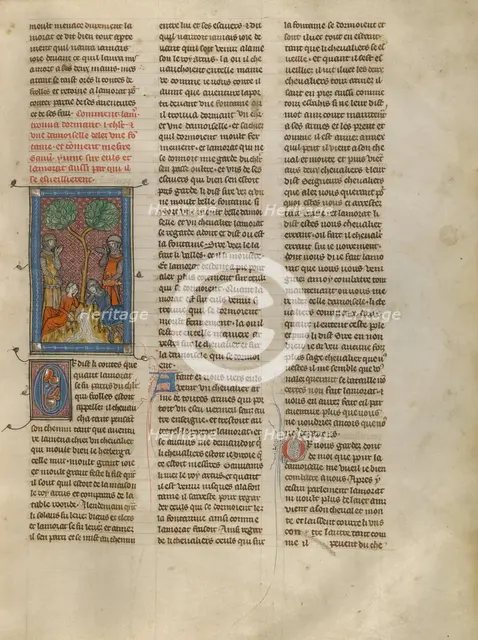Lamorat Finds a Knight and a Woman Sleeping and Speaks to Gawain, about 1320-1340. Creator: Unknown.
