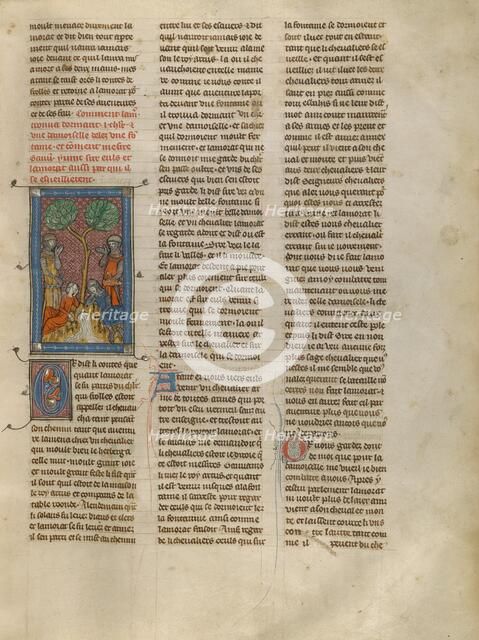 Lamorat Finds a Knight and a Woman Sleeping and Speaks to Gawain, about 1320-1340. Creator: Unknown.