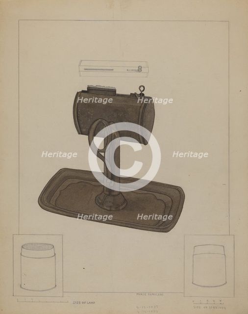 Lamp and Tallow Strainer, c. 1936. Creator: Marie Famularo.