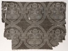 Lampas fragment with seated prince holding falcons in kufic medallions, 1654-1955. Creator: Unknown