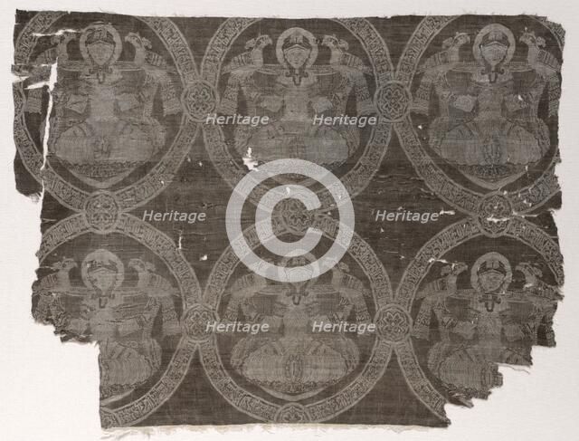 Lampas fragment with seated prince holding falcons in kufic medallions, 1654-1955. Creator: Unknown.