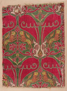 Lampas with rampant lions, palmettes, and escutcheons, 1400s. Creator: Unknown