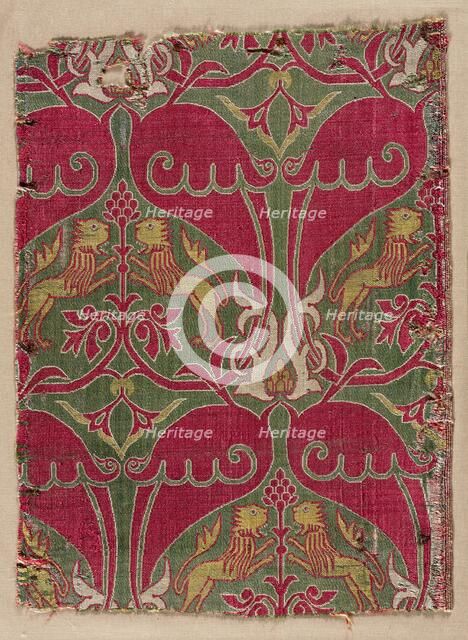 Lampas with rampant lions, palmettes, and escutcheons, 1400s. Creator: Unknown.