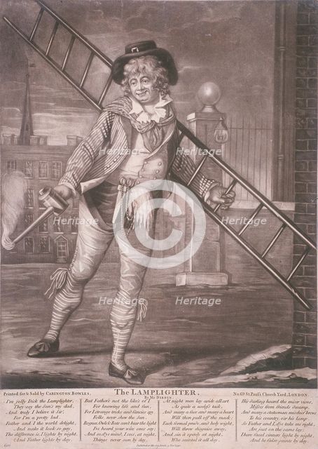 Lamplighter, 1790; with humorous text in the lower margin. Artist: Anon