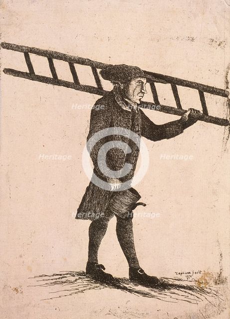 Lamplighter holding a ladder and an oil can, 1770. Artist: Edward Topham