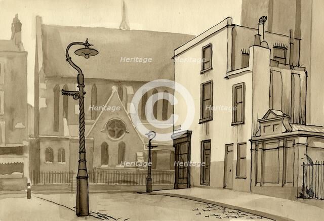 Lamppost and church, c1951. Creator: Shirley Markham.