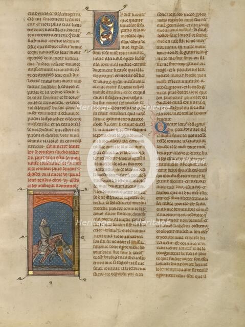 Lancelot Fighting a Knight on a Bridge, about 1320-1340. Creator: Unknown.