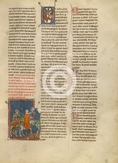 Lancelot Rescuing a Demoiselle from Brehus sans Pitié, about 1320-1340. Creator: Jeanne de Montbaston.