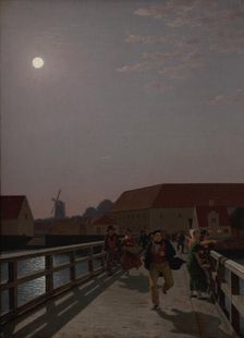 Langebro, Copenhagen, in the Moonlight with Running Figures, 1836. Creator: CW Eckersberg