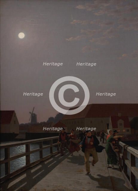 Langebro, Copenhagen, in the Moonlight with Running Figures, 1836. Creator: CW Eckersberg.