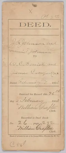 Land deed for property in West Virginia owned by the Crawford family, February 7, 1903. Creator: Unknown