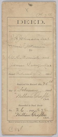 Land deed for property in West Virginia owned by the Crawford family, February 7, 1903. Creator: Unknown