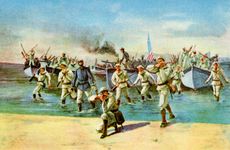 Thumbnail image of Landing ammunition for the insurgents, under fire, Spanish-American War, Cuba, 1898. Artist: Unknown
