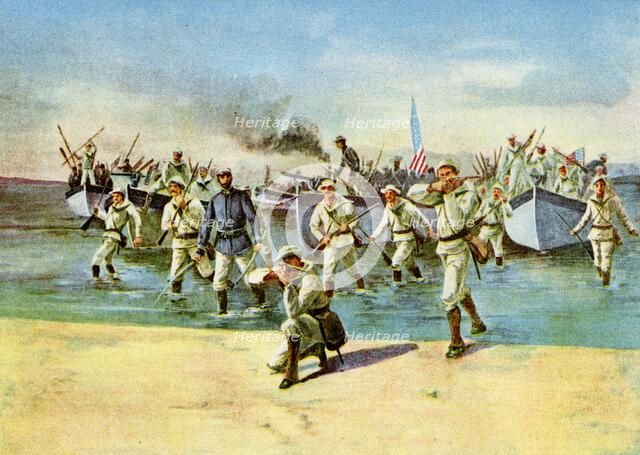 Landing ammunition for the insurgents, under fire, Spanish-American War, Cuba, 1898. Artist: Unknown
