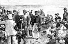 Landing of Dinizulu, the exiled Zulu Prince, at St. Helena, 1890. Creator: P Naumann